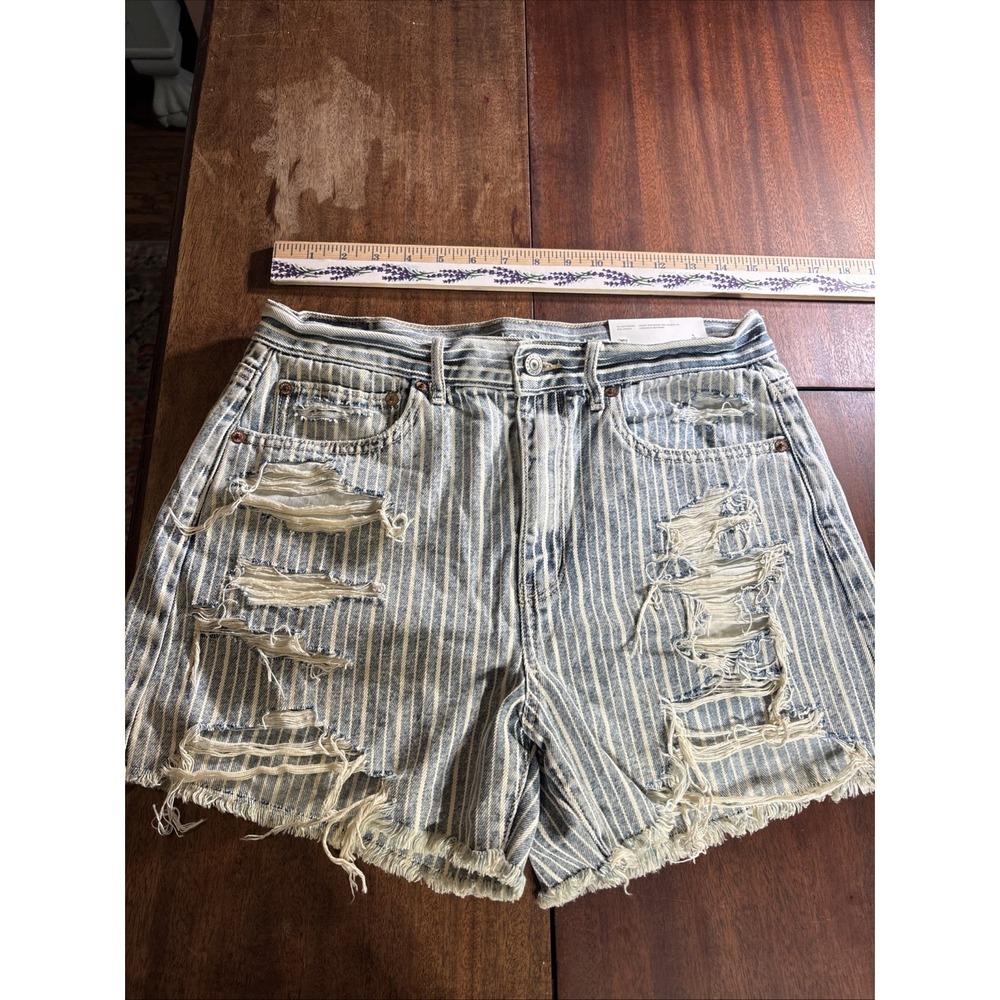 American Eagle 90s Boyfriend Pinstripe Stripes Distressed Denim Shorts Sz 8 NWT